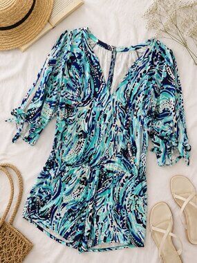 Lilly Pulitzer Blue Green Swirl Print Cold Shoulder Romper Size Small Resort
